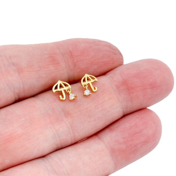 Vintage Sterling Silver 925 Gold Tone Umbrella Cubic Zirconia Stud Earrings - Picture 1 of 5